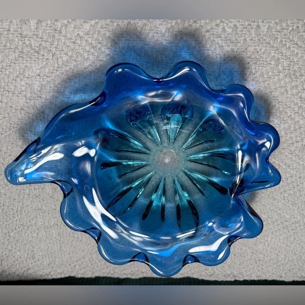 Vintage mid-century blue petal shaped glass bowl used as decorative dish/ashtray